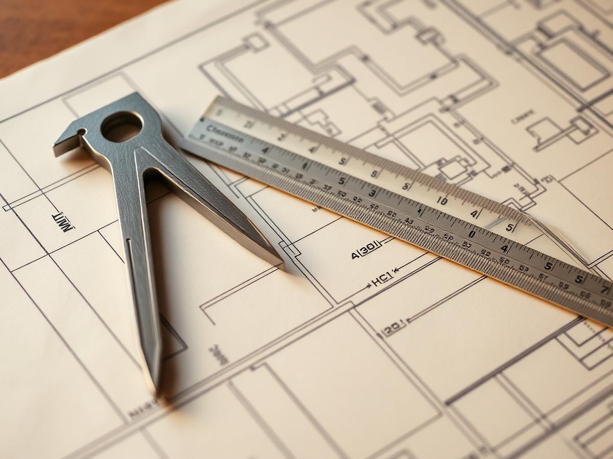 Drafting compass and steel ruler resting on a printed technical blueprint