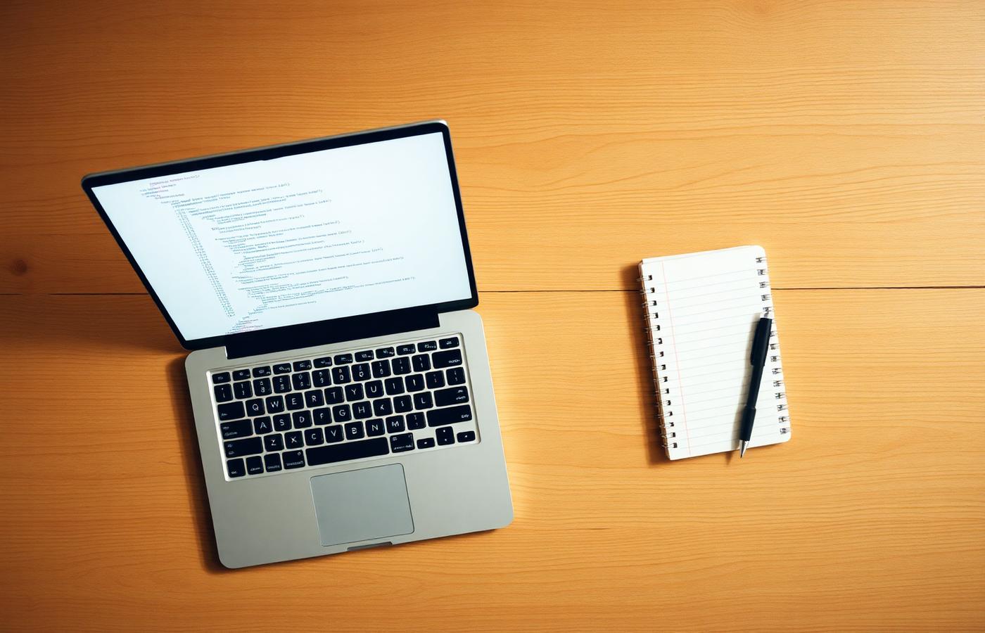 Overhead view of a workspace with a laptop and notebook representing daily engineering practice